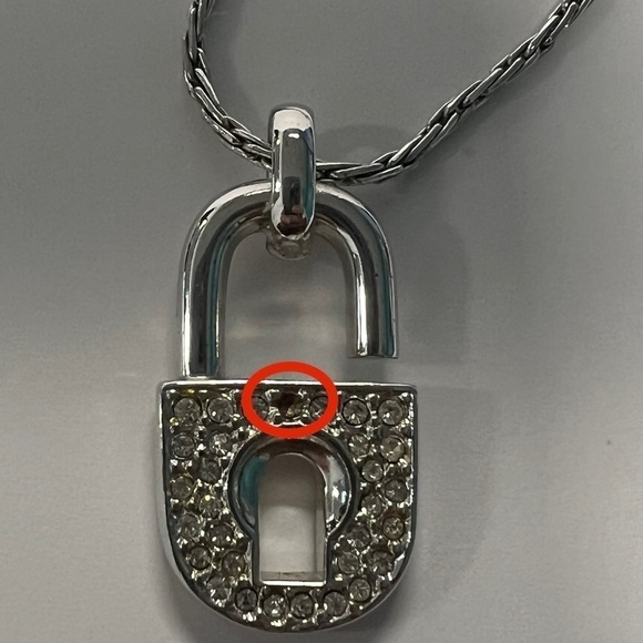 CHRISTIAN DIOR Rhinestone Lock Silver Necklace - Picture 5 of 5